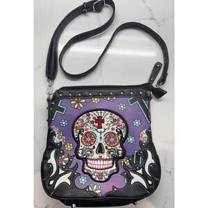 Cowgirl Trendy Skulls Crosses Flowers Faux Pebble Leather Crossbody Purse NWOT